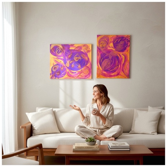 Relois Original Abstract Paintings (2) on Canvas. Pink, Purple, Gold. 20”x16” - Picture 6 of 10